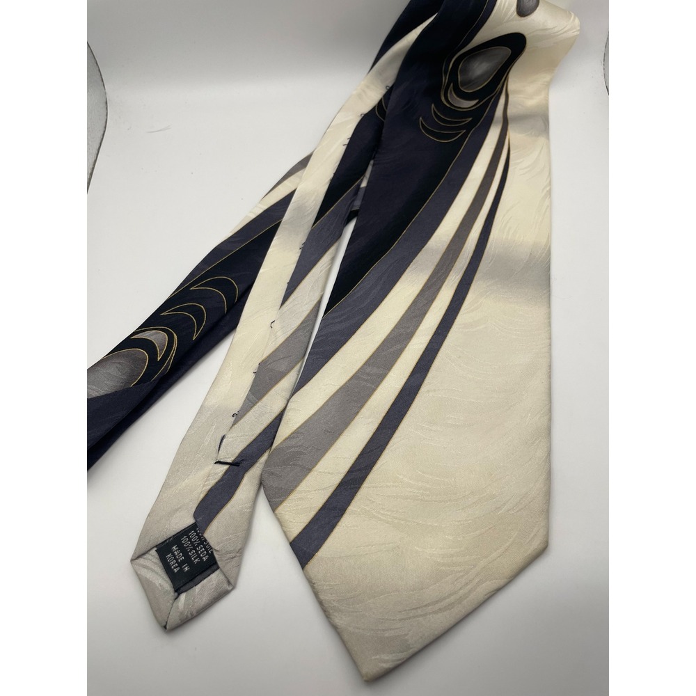Ottimo Uomo Mens Silk Tie Navy Blue Grey Cream Abstract Geometric Hand Made
